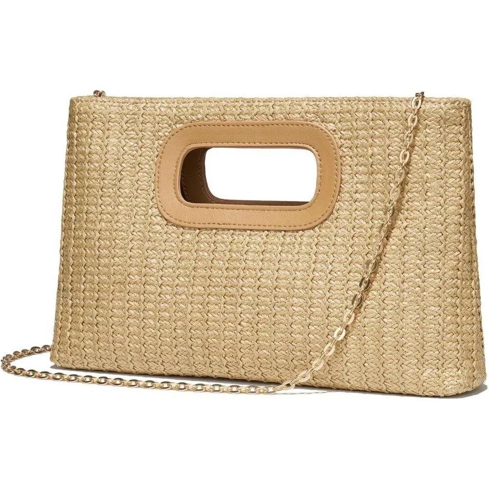 Tan Straw Clutch Purse for Women with Top Handle Summer Boho Beach Bag - Picture 2 of 6